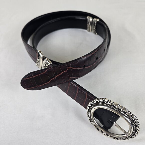 Brighton Reversible Leather Belt Black/Brown Alligator Silver Hardware Buckle - Picture 1 of 11